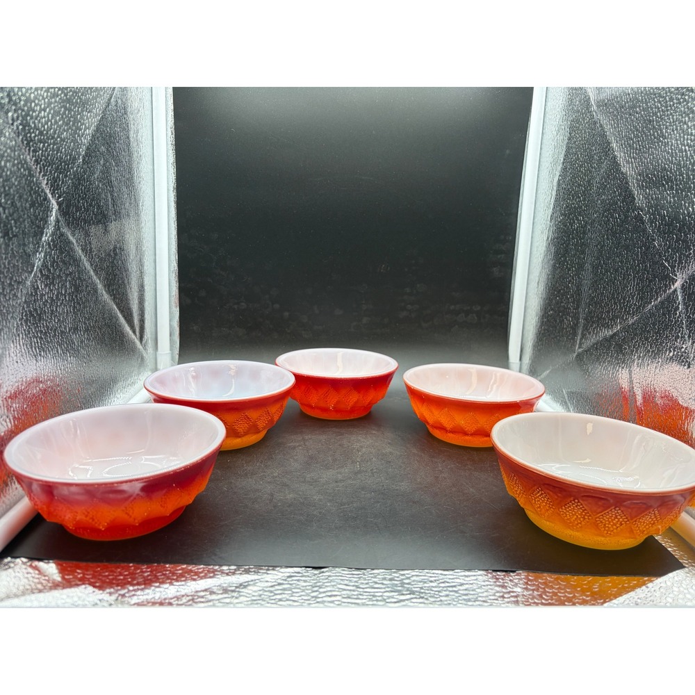 Vintage Fire-King Kimberly Diamond Red Orange Ombre Milk Glass Bowls Set of 5